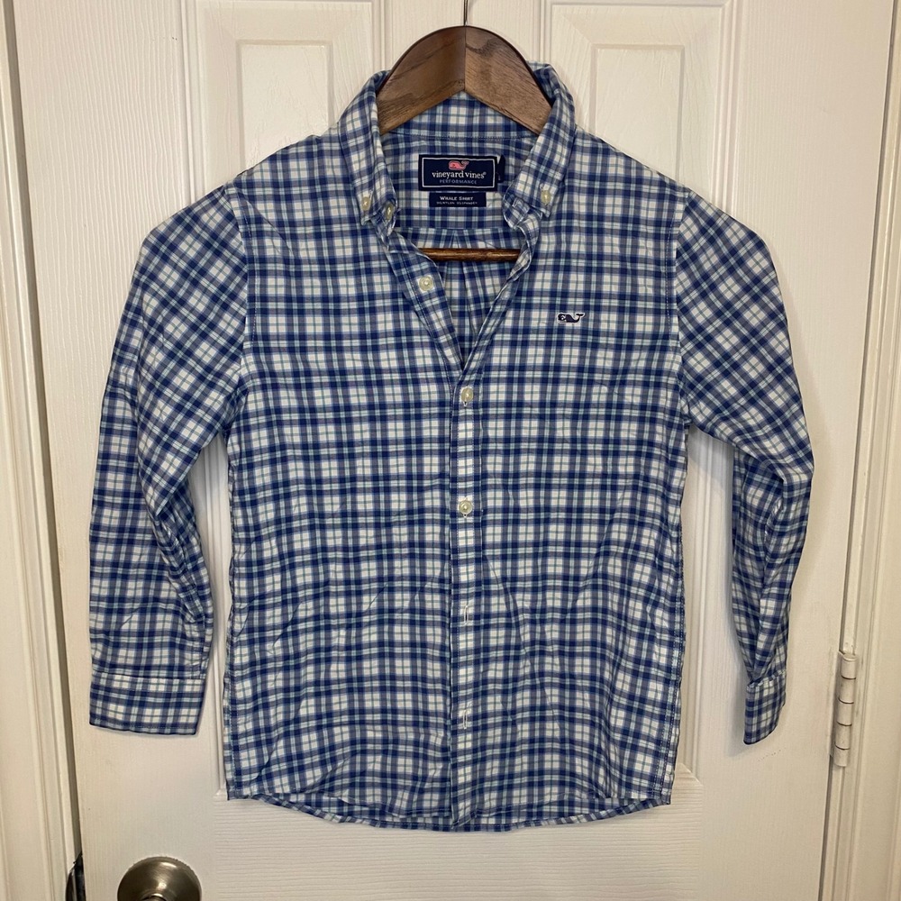 Vineyard Vines Boys Performance Whale Shirt Blue Plaid Button Down Size 7